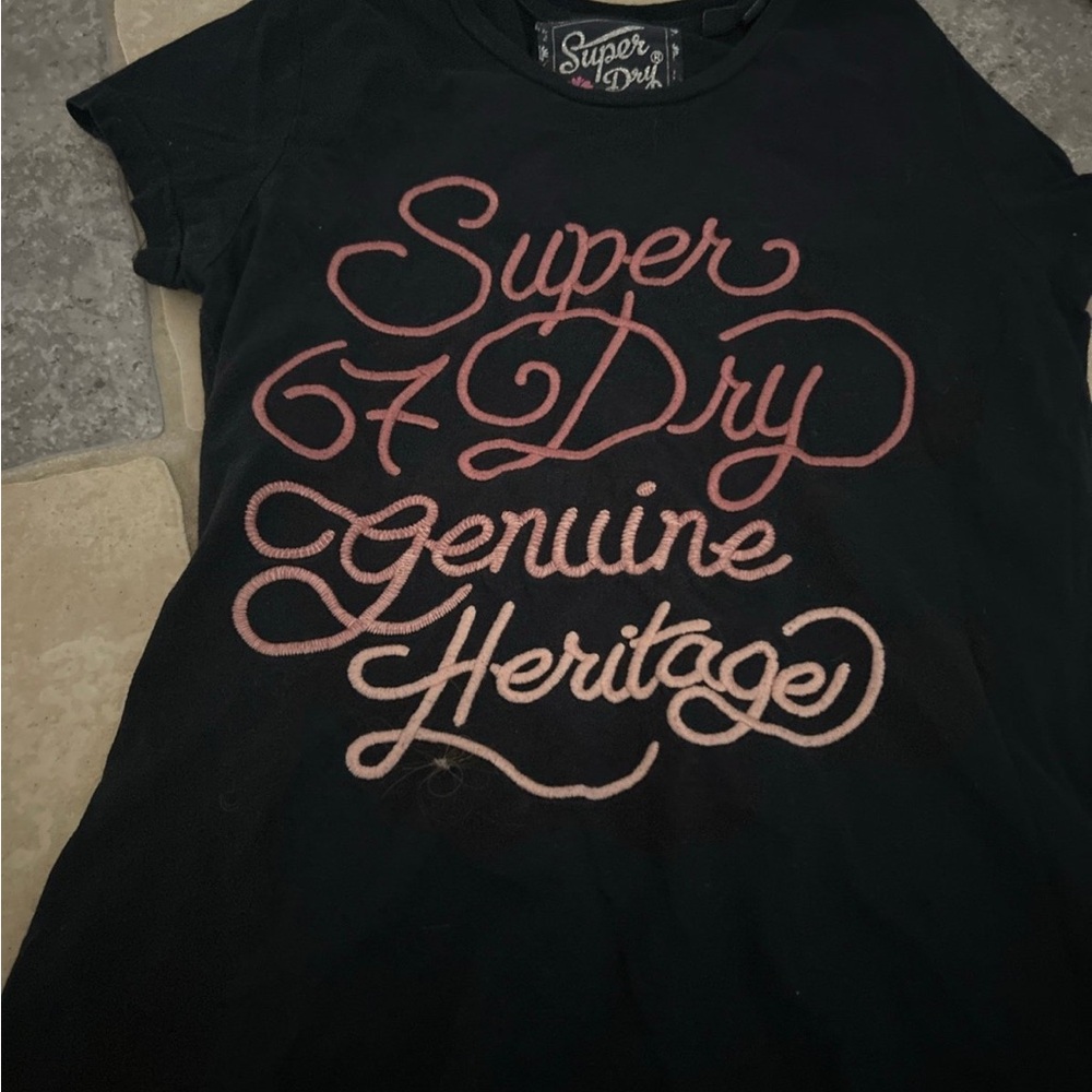 Superdry Black Tee with Pink Script